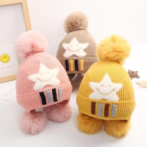 Cute Knitted Pompom Baby Hat Cap Warm Baby Girl Boy Hat Beanie Winter Ear Fleece Inner Kids Hat Baby Bonnet Muts for 3-8 Years