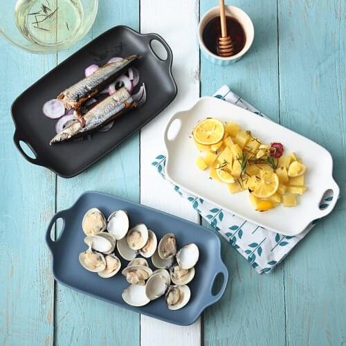 Double ear long rectangular dishes plates food plates salad tray solid color kitchen accessories