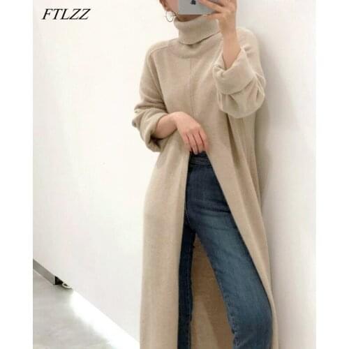 FTLZZ New Spring Sexy Women Turtleneck Split Long Knitted Sweater Casual Loose Solid Sweater Chic Street Style Ladies Tops