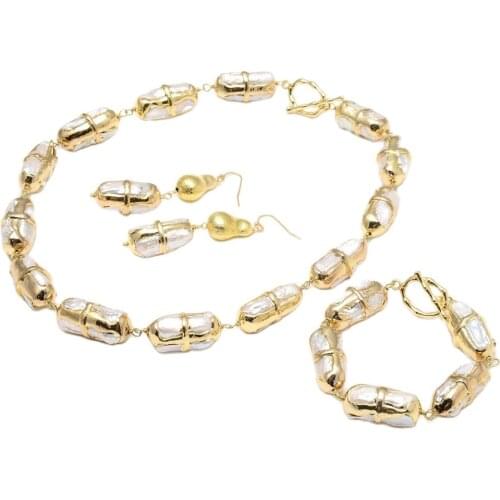 GG Jewelry Natural White Biwa Pearl Electroplated Edge Gold Plated Brushed Bead Wrap Necklace Bracelet Earrings Sets For Women