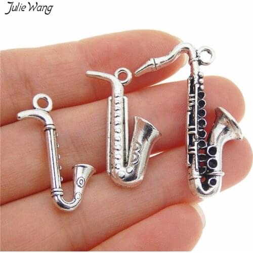 Julie Wang 6pcs Mixed Music Instrument SaxoPhone Charms Antique Silver Color Alloy Pendant Jewelry Keychain Necklace Accessory