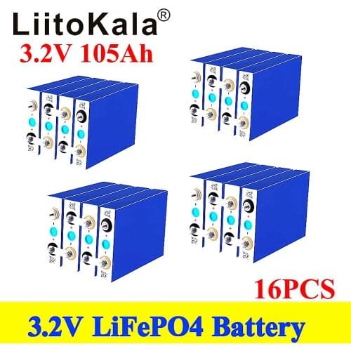 16pcs LiitoKala high capacity Deep cycle Lifepo4 3.2V 105Ah Battery for 12v 24v 48V Li-ion Battery Rechargeable Battery Pack