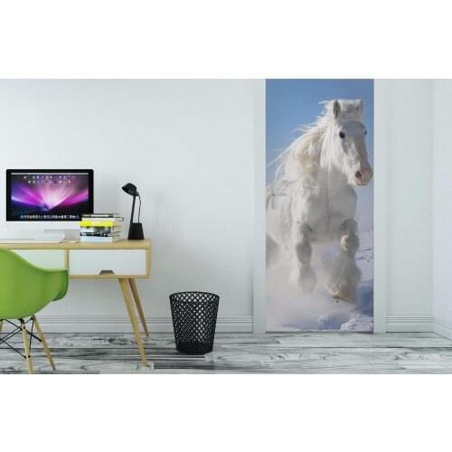 3D White Horse Runs In Winter Door Mural Wallpaper mural Wall Print Decal Wall Deco Wall Mural Photo self adhesive door wrap