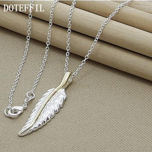 DOTEFFIL 925 Sterling Silver Leaves Feather Pendant Necklace 18 Inch Chain For Women Wedding Engagement Fashion Charm Jewelry