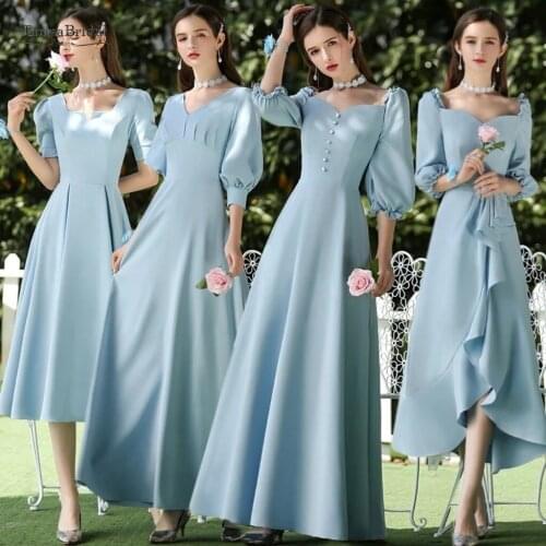 Bridesmaid Dresses Water Blue A Line Elegant Vestido De Festa Longo V-Neck Puff Sleeve Women Formal Wedding Guest Gowns