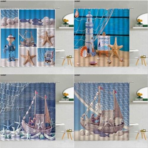 Beach Shells Seaside Scenery Shower Curtain Blue Wooden Background Sailboat Polyester Bathroom Supplies Bath Screen Home Decor