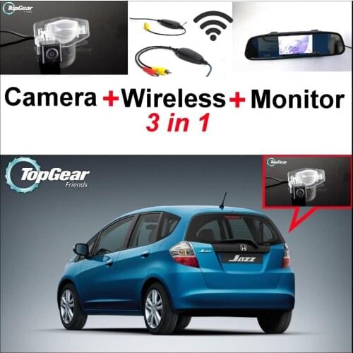 3 in1 Special Rear View Camera + Wireless Receiver + Mirror Monitor Back Up Parking System For Honda Jazz 5D 2002~2013