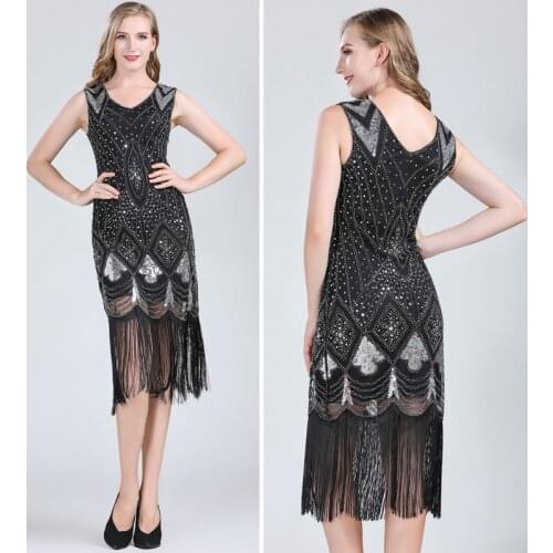 Roaring 20s Great Gatsby Dress 1920s Flapper Dress Vintage Evening Party Gown Embellished Sequin Tassel Midi Dress