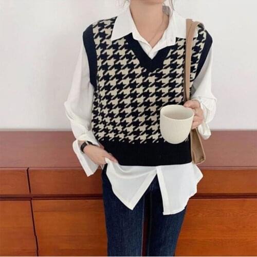 Knitted Pullover Vest Womens Autumn Winter Korean Loose V-neck Plaid Sleeveless Sweater Vest Female