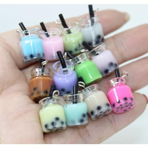 Yamily 10pcs/ 16*11mm Resin Mini Pearl Milk Tea Kawaii Drink Glass bottle Charms Keychain Earring Pendant DIY Making Accessories