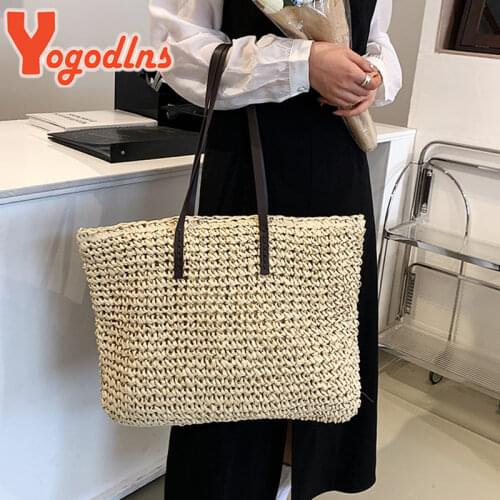 Yogodlns Summer Straw Bag Women Handmade Weave Handbag Large Capacity Beach Shoulder Bag Hot Trendy Rattan Tote Bag Vacation Bag