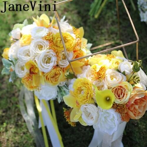 JaneVini Ins Yellow Bouquet Fleur Mariage Artificial Roses Calla Lily Bridesmaid Wedding Flowers Bridal Bouquets White Peony