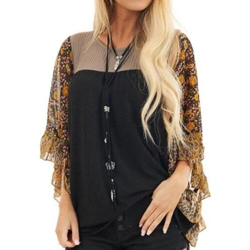 Butterfly Sleeve Patchwork Printed Blouse Long Sleeved O Neck Shirts For Women Casual Loose Top Femme Camisas De Mujer 40