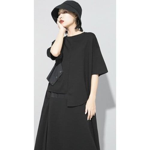 Lady summer new personality tide brand loose irregular fake two stitching vest T shirt casual large size short sleeve T shirt