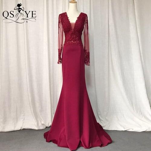 Sequin Burgundy Prom Dresses Stretch Mermaid Long Dress Women Appliques Lace Formal Party Gown Long Sleeves V Neck Evening Dress