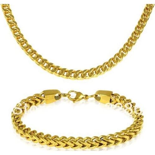 Gold-Tone Franco Chain Mens Chain Stainless Steel Necklace Bracelet Jewelry set
