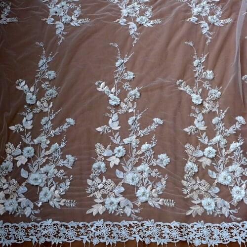 1yard New fashion style yellow/beige/gray pink heavy beads 3d flowers on netting embroidery wedding dress lace fabric