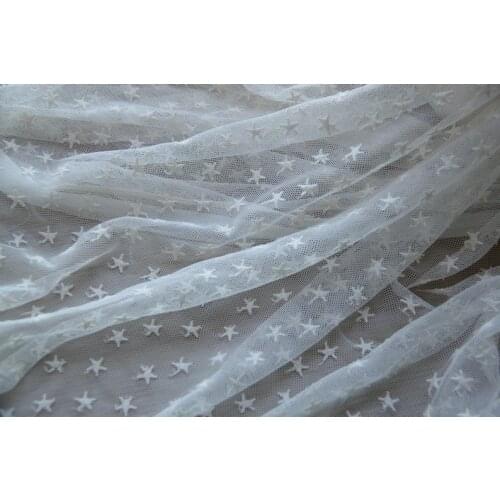 3D Stars Embroidered Lace Beige Tulle Lace Fabric For Mantilla, Cocktail Dress, Tablecloth, Curtains