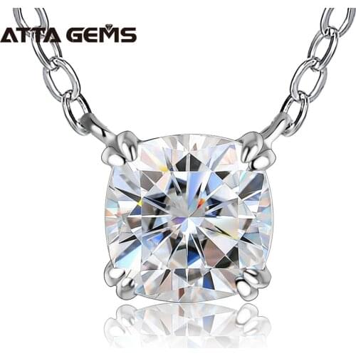 ATTAGEMS 925 Silver Necklace Pendant Cushion Cut 1.0ct D Color White Moissanite Pass Diamond Test for Women Elegant Necklace
