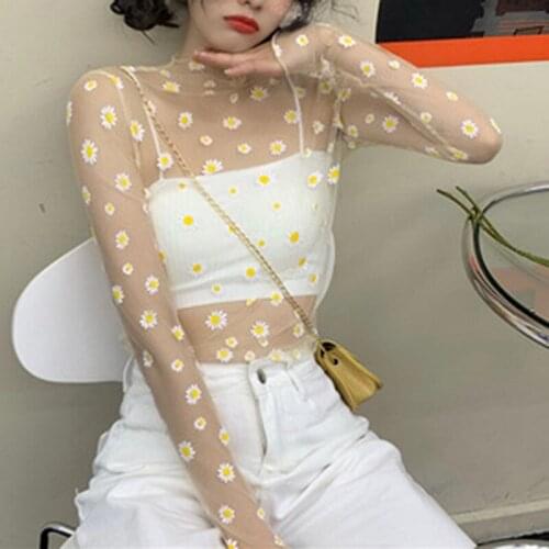 Summer Women Casual Mesh Pattern Daisy Flower Printed Blouse Tops Girls Mesh Shirts See Through Shirt Female Autumn