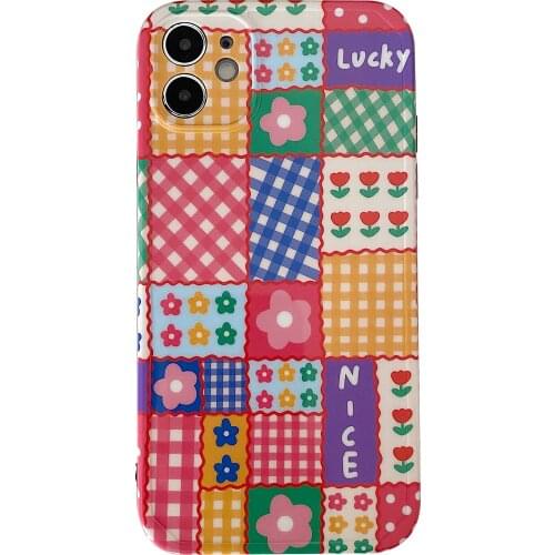 Creative Checker Flower Pattern Case for iPhone 12 Pro Max Back Phone Cover for 12 Mini 11 Pro Max X XS XR 8 7 Plus SE 2020 Capa