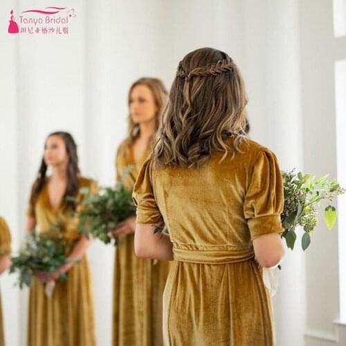 Long Velvet Bridesmaid Dresses V Neck A Line Short Sleeves Wedding Guest Party Dress vestido de festa Brides maid Gowns MBP41