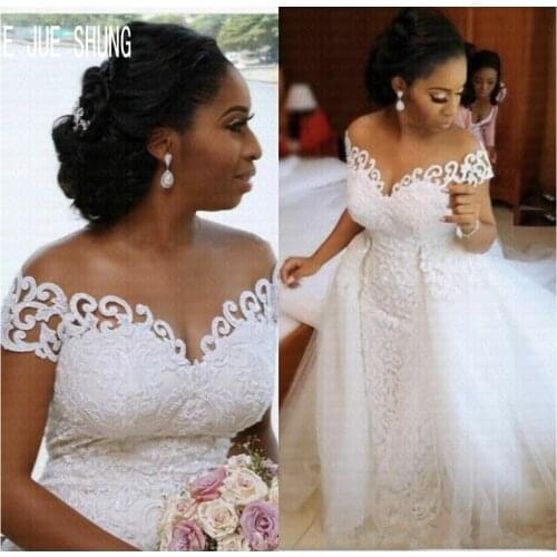 E JUE SHUNG Elegant Lace Wedding Dresses With Detachable Train Off Shoulder Sleeveless African Overskirts Mermaid Bridal Gowns