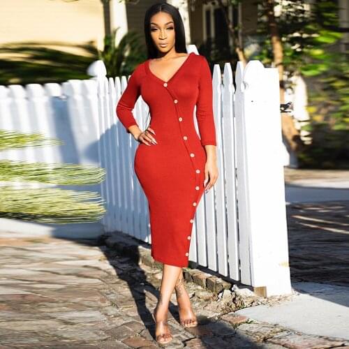 Elegance Women Single-breasted Knitted Dress Sexy Deep V Neck Long Sleeve Package Hip Dresses Autumn Body-shaping Party Dress