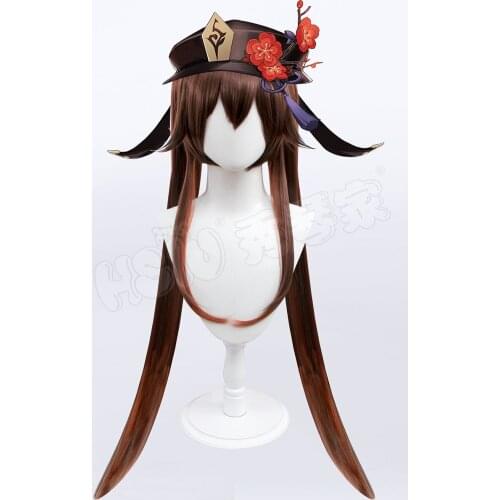 Genshin Impact Hu Tao Cosplay Hat PU Cap Headwear Halloween Costume Prop Hu Tao wig Double ponytail hair Ring bracelet Jewelry