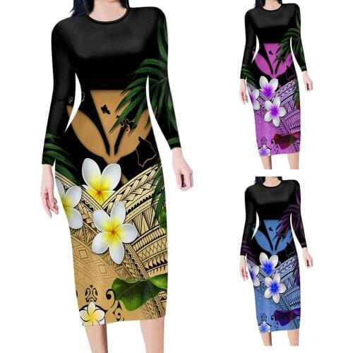 HYCOOL Polynesian Flower Sexy Women Cute Dress Long Sleeve Dresses O-Neck Elegant Sexy Bodycon Party Dress Winter Spring Clothes