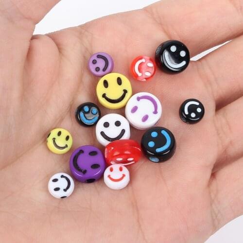 50Pcs 8/10MM Acrylic Beads Multicolor Flat Smile Face Round Loose Spacer Beads for Jewelry Making Needlework Bracelets Necklace