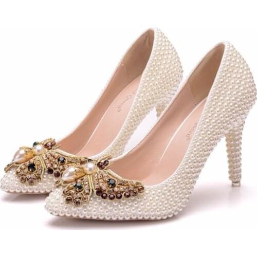 Fashion Women Pumps Shoes Dress Bow pearl Pointed Toe Thin Heels 9.5CM High Heels Shoes Womens Wedding Shoes Party