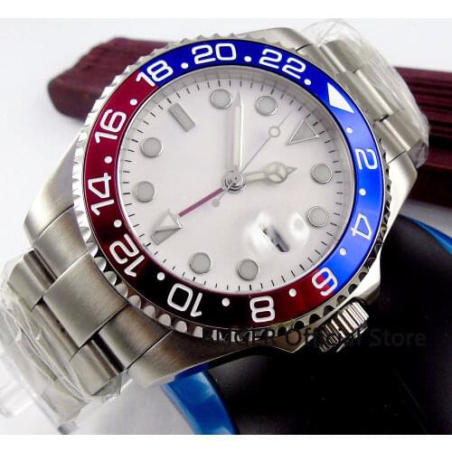 Sapphire Crystal BLIGER 43MM White Sterile Dial Blue Red Bezel GMT Function Automatic Movement Mens Wrist Watch With Nologo