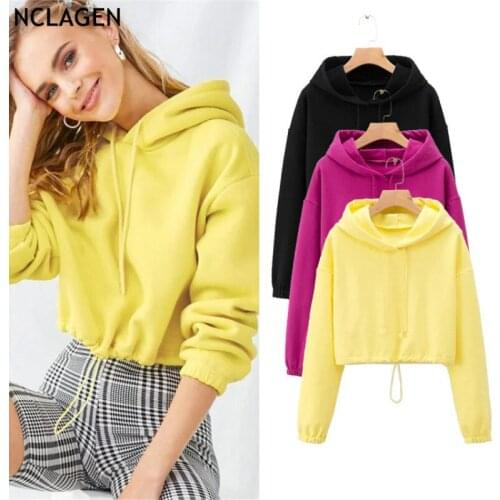 NCLAGEN Women Crop Hoodies Drawstring Autumn Winter Heavy Elegant Sweatshirts 2021 New Long Sleeve Cotton Streetwear Hooded Top