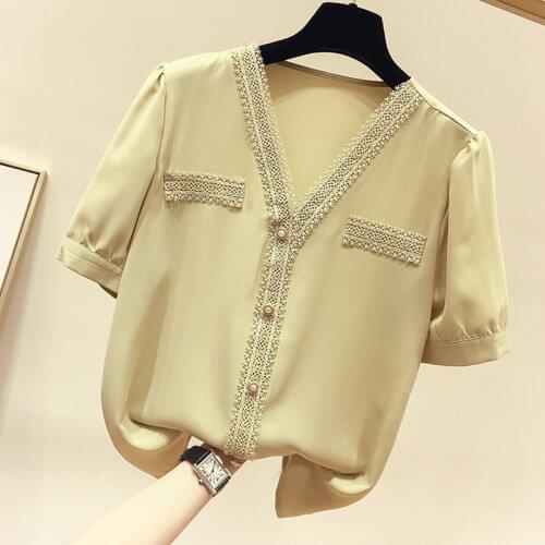 Solid Chiffon Women Shirts Summer New Design 2021 Lace Patchwork Slim Elegant Office Lady Outwear Tops