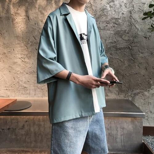 New Fashion Shirts Men Clothing Korean Loose Shirt Streetwear Chemise Homme Medium Sleeved Summer Shirt Flat Collar Casual Solid