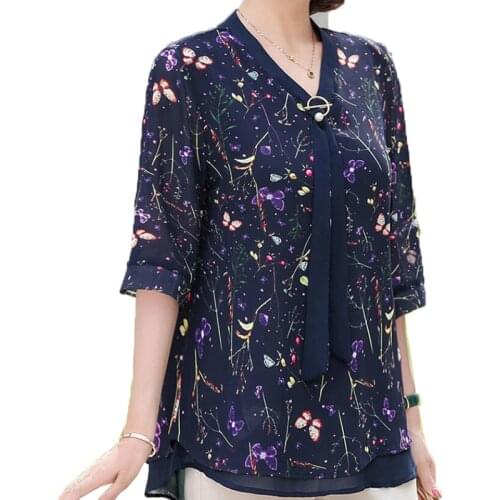 Elegant Fashion Womens Shirt Middle-aged Mother Summer Shirts V-neck Bandage Printing Chiffon Shirt Blouse Plus size 5XL K376