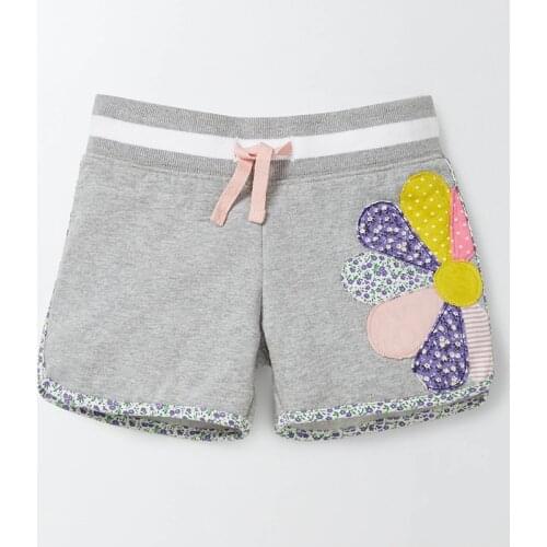 Little Maven New Summer Lovely Grey Lace Floral Applique Quality Cotton Knitted Drawstring Girls Casual Elastic Waist Shorts