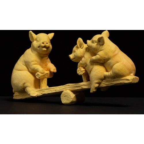 Three Little Pigs Playing on The Seesaw Boxwood Carving Crafts Creative Home Crafts Business Gifts Bedroom Children Decorations