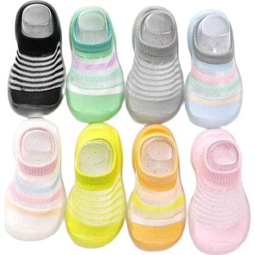 Summer Spring Striped Soft Bottom Non-Slip Floor Socks Solid Color Toddler Girl Boy Shoes With Transparent Rubber Soles Kid Baby