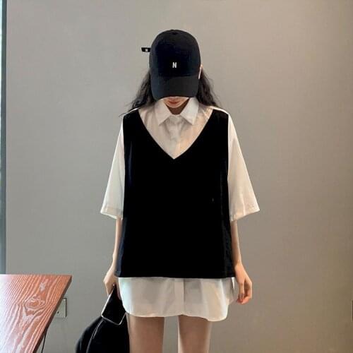 2021 Summer New Fake Two-piece Short-sleeve T-shirt Female Student Korean Loose Harajuku Style Top Women Clothes Vintage Fashion