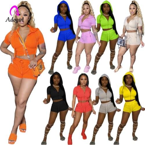 Tracksuit Women 2 Piece Set Zipper Fly Hooded Crop Tank Top + Skinny Biker Shorts 2021 Summer Fitness Solid Short Jogger Suit