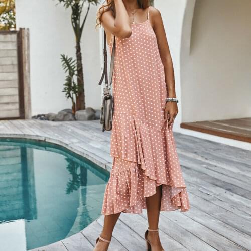 Women 2021 Summer Boho Dress Women Casual Polka Dot Ruffled Maxi Loose Sleeveless Spaghetti Strap Party Beach Long Sundress