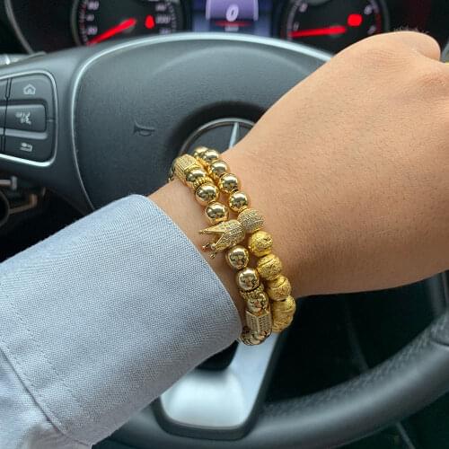 2pcs/set luxury Crown bracelets set Pave Cubic zirconia ball Charms copper bead handmade men Bracelets & Bangles for men Jewelry