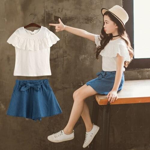 2019 Girls Clothing Sets Summer Fashion White T-shirt and Shorts Sets 4 8 12 14 Years Kids Clothing Sets Children Denim Clothing