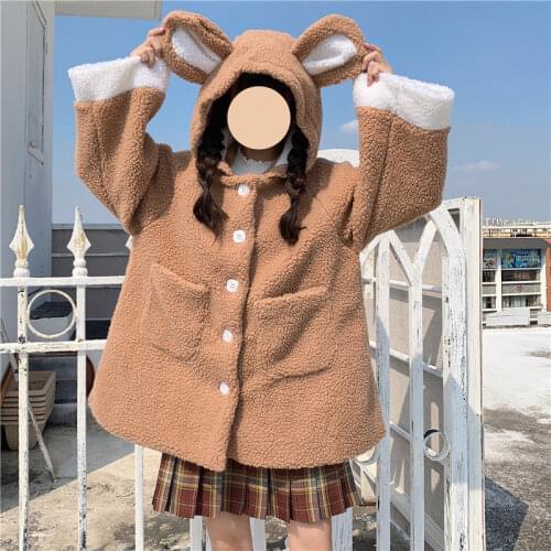 2021jacket rabbit ears lamb fur coat female autumn and winter new style plus velvet loose large size wild hooded Quilted Coats