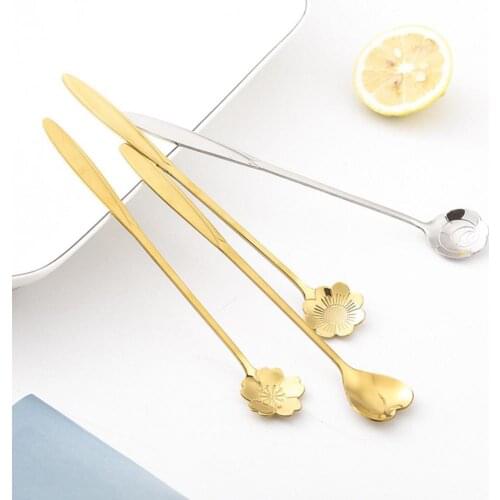 5Pcs/Set Coffee Mixing Spoon Flower Heart Shape Multifucntional Stainless Steel Long Handle Demitasse Scoop for Cafe Kitchen