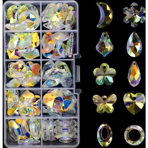 50Pcs/Box Shiny AB Crystal Leaf Pendant Glass Teardrop Bead Gems Butterfly Charms for Women Jewelry Making Earring Necklace DIY