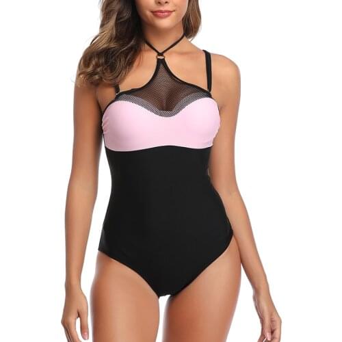 High Neck One Piece Swimsuit Push Up Mesh Beach Bodysuit Swimwear Women One-piece Swimsuits Black Womens Bathing Suits Female