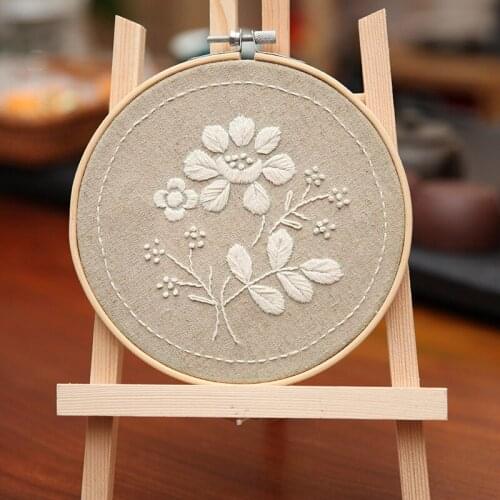 CURCYA Vintage Beige Floral Embroidery Kit DIY for Beginner with Round Bamboo Hoop Flowers Needlework Tools Sewing Craft Set